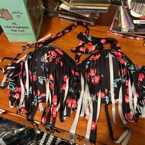 Retro 50's Fringe Cherry Print Pin-Up Burlesque Bikini‎ Top 3X NEW UNWORN